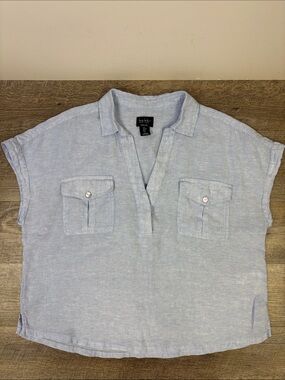 Nicole Miller New York Blue 100% Linen Short Sleeve Utility Top Size L